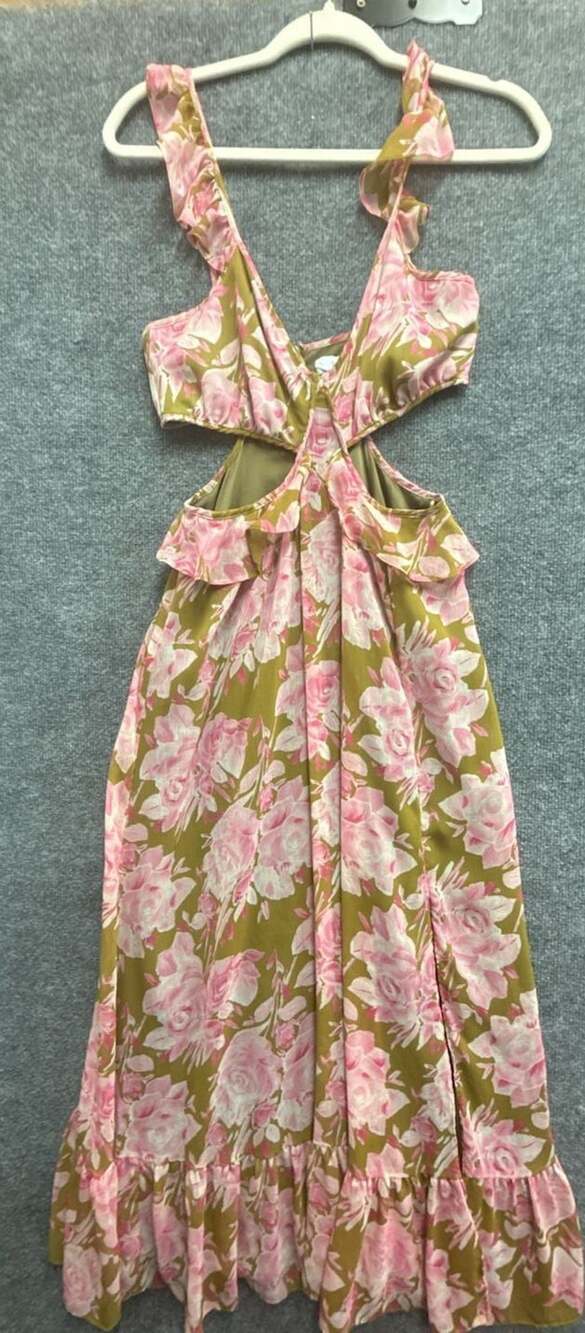 LIKELY Katerina Dress Olive Oil Pink Floral Cutout Midi